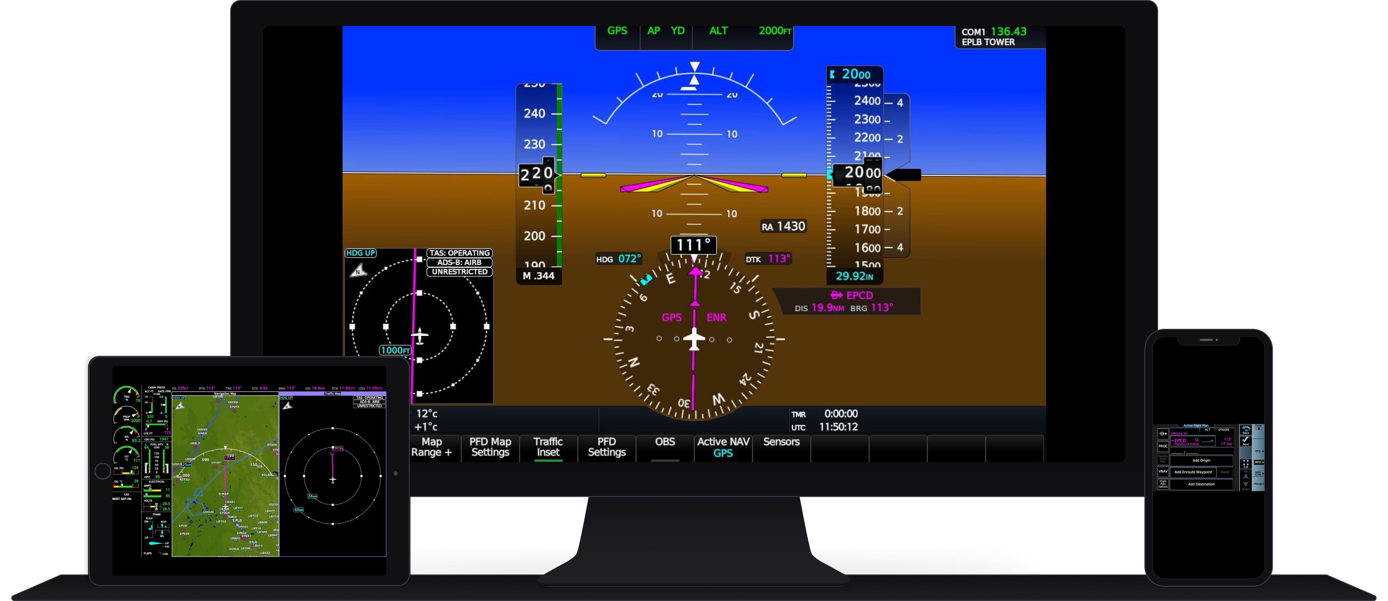 GlassOut streaming MSFS instrument panels to a desktop monitor, tablet, and phone simultaneously